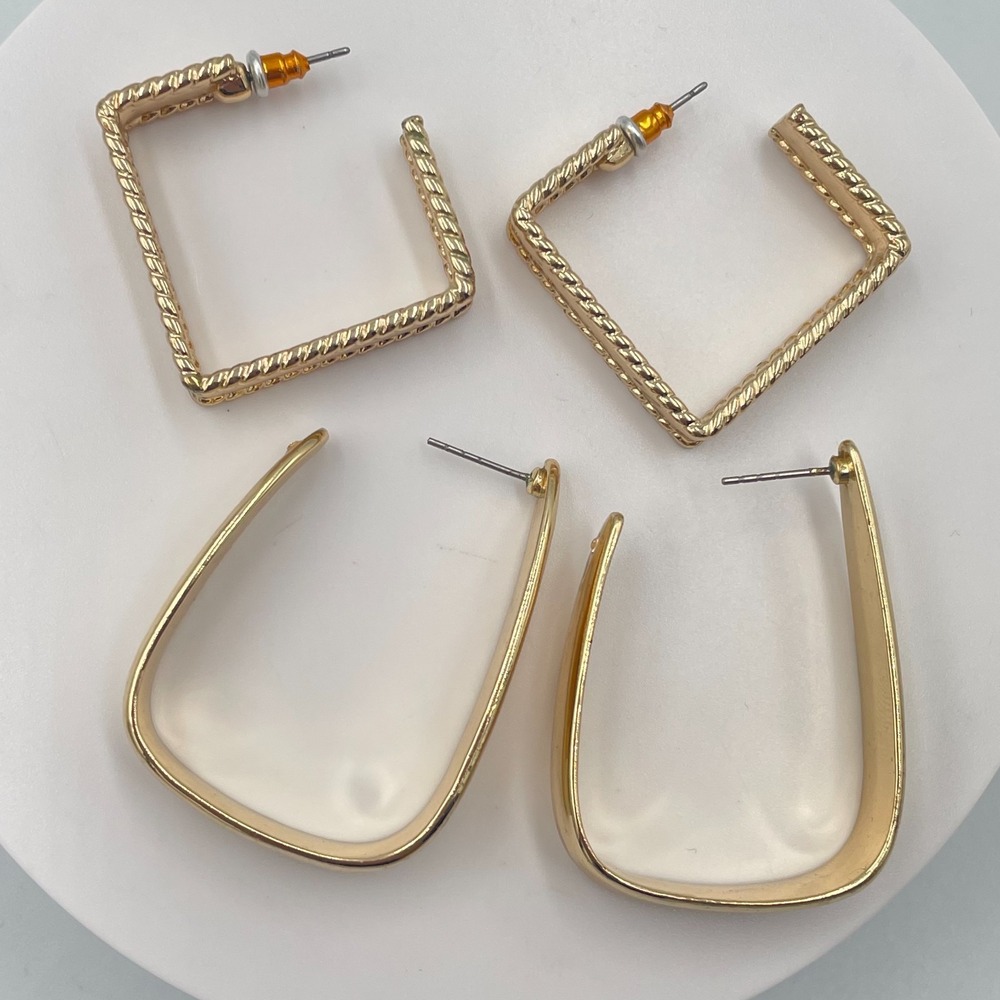 VTG Gold Tone Geometric Hoop Earring Lot Matte Smooth & Rope Textured Square Set